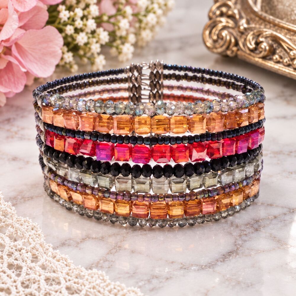 Multi Colored Crystal and Seed Bead Wired Cuff Bracelet